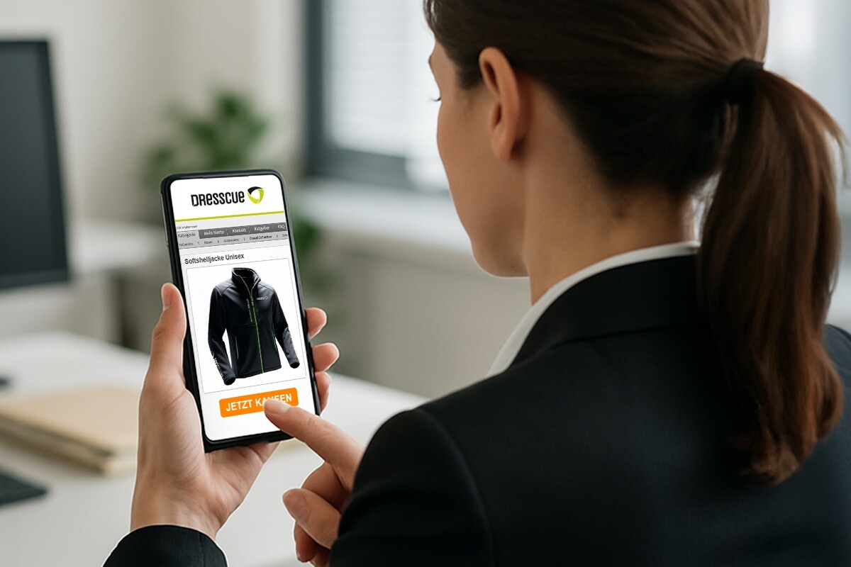 Eine Frau bedient den COW Webshop für Mitarbeiterbekleidung auf ihrem Smartphone