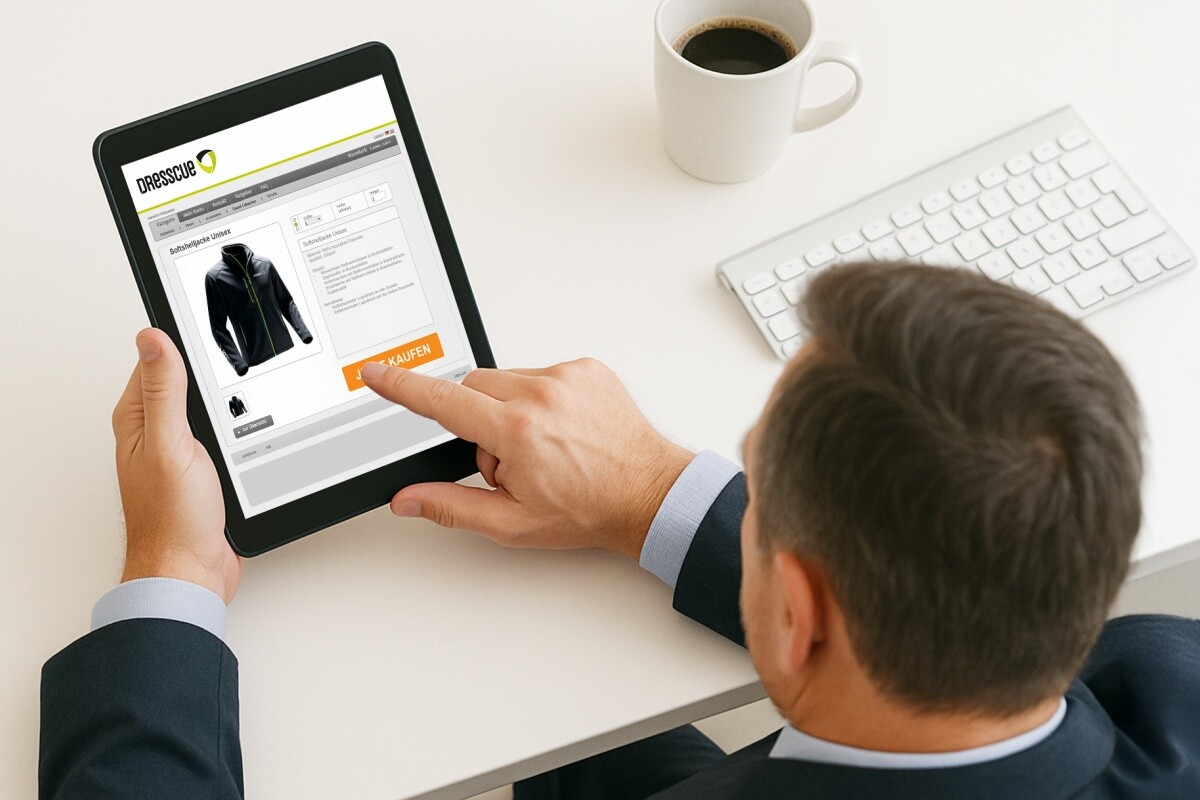Ein Mann bedient ein Tablet mit geöffnetem COW-Webshop